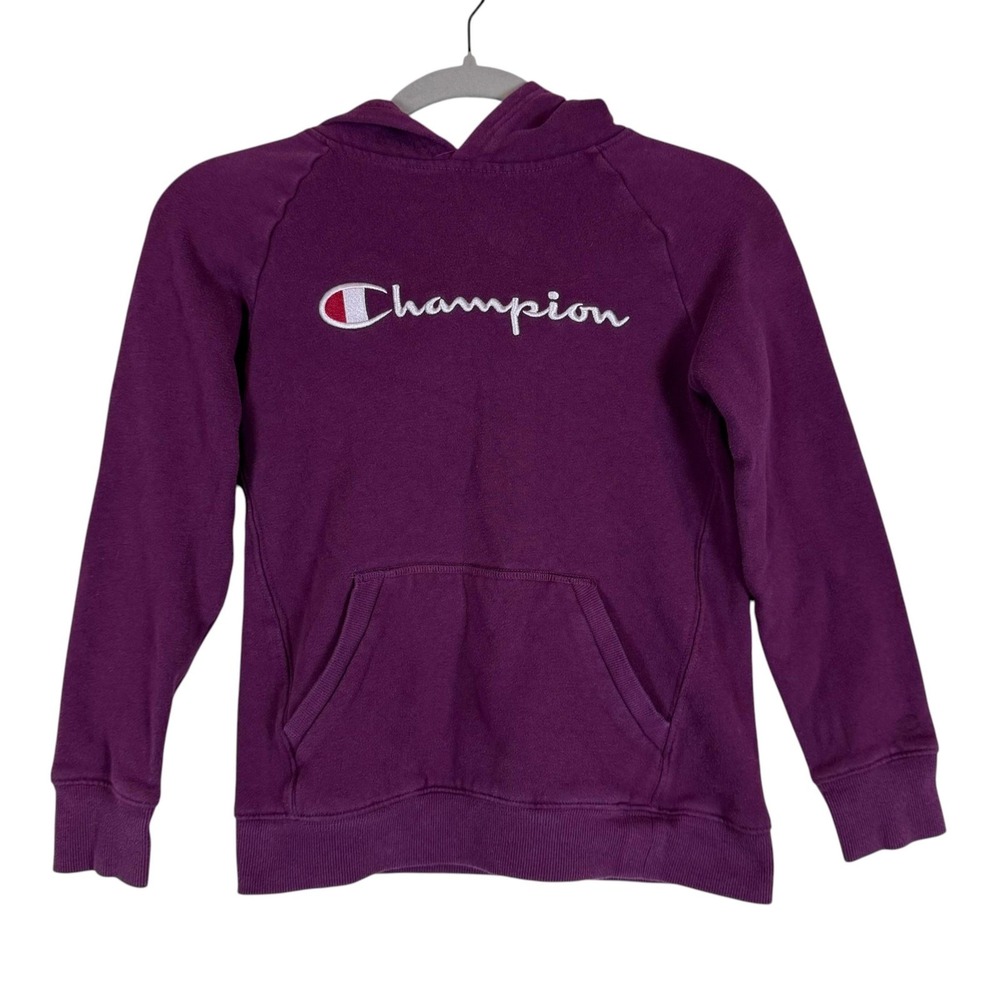 Champion Hoodie Sweatshirt Kids M Purple Pullover Fleece Logo Kangaroo Pocket
